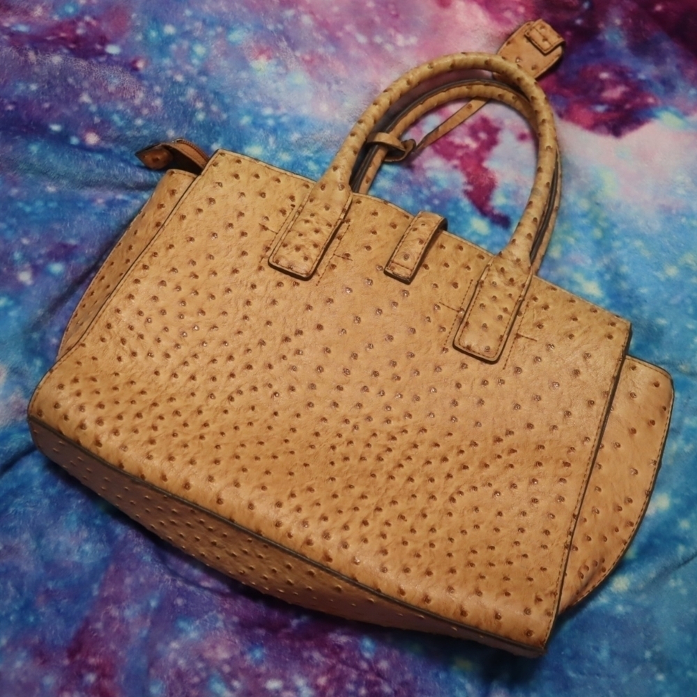 FAUX OSTRICH BAG London Fog Camel Brown Tan Satchel Purse Exotic Leather Buckle - Picture 7 of 16